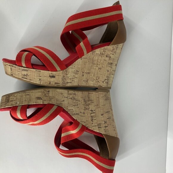 Merona Red Tan Stripe Elastic‎ Straps Cork Wedge Summer Sandals Sz 8.5 - Picture 6 of 14
